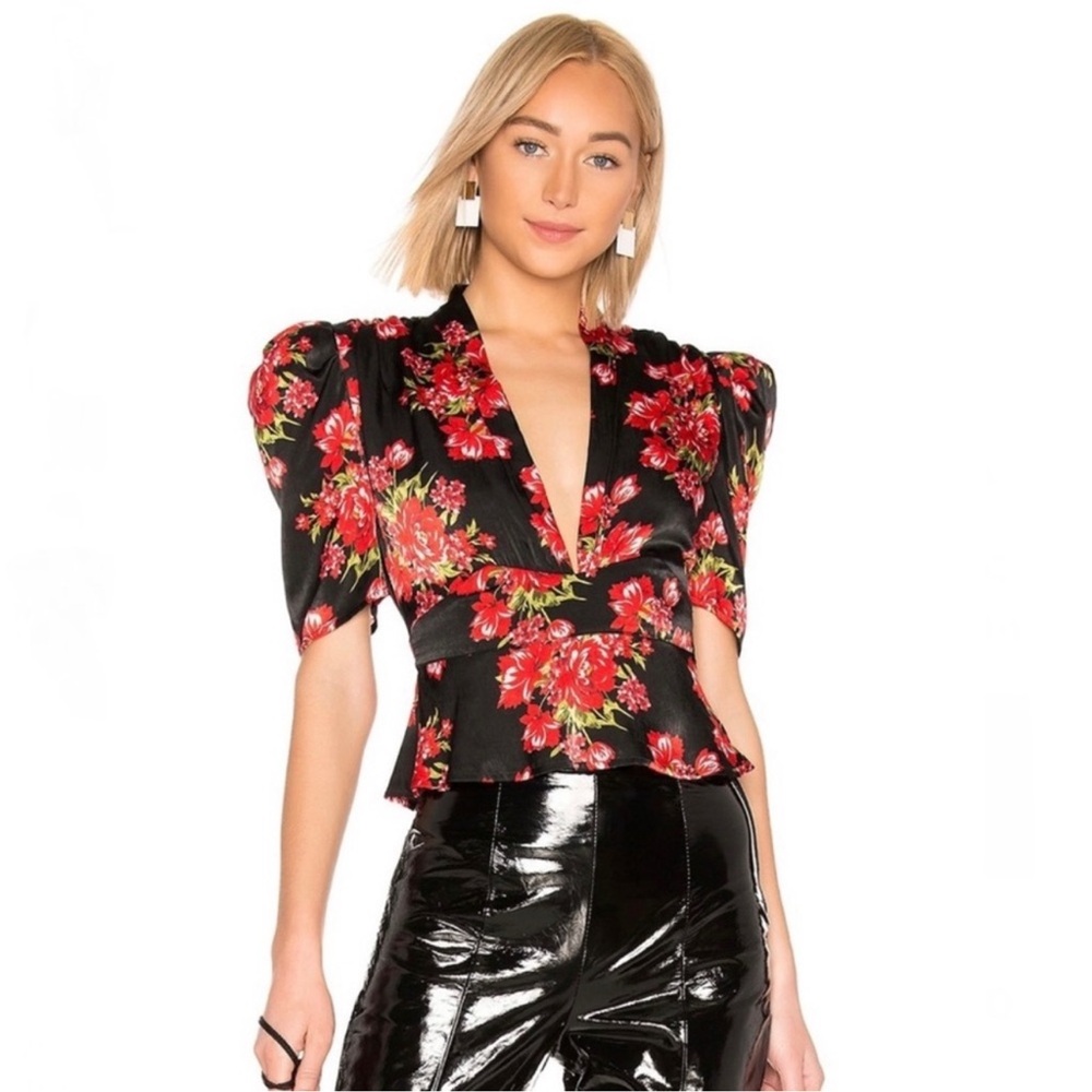 NWT LPA Marcella Floral Puff Sleeve Top Black Red Peplum Revolve Romantic Small